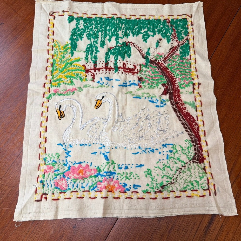 Vintage Hand Embroidered Swan Pond Garden Scene Textile Art Panel Grannycore - Picture 9 of 9